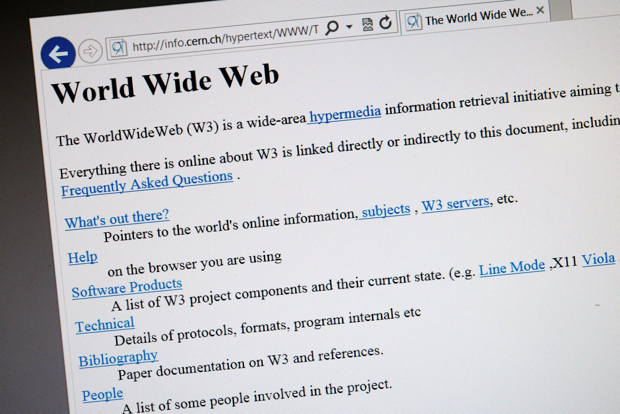 The world’s first web page as it appeared in 1992, a year after it was created. Mr. Berners-Lee is trying to pull the online world back toward its egalitarian roots. 