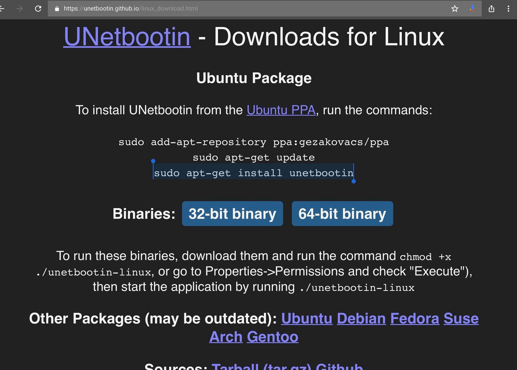 Screenshot of unetbootin website