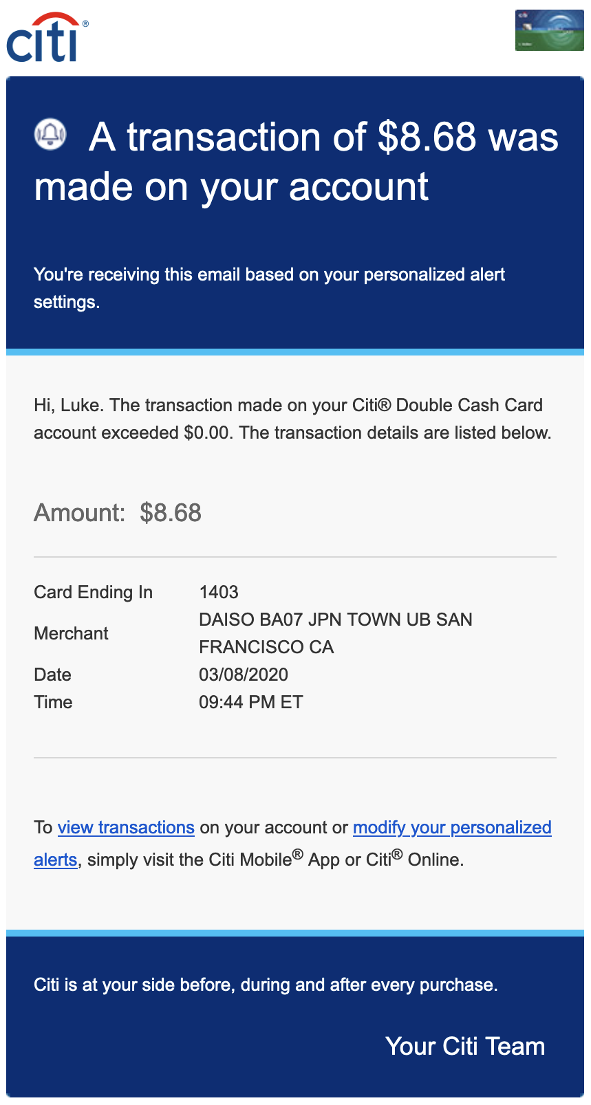 Citibank transaction email