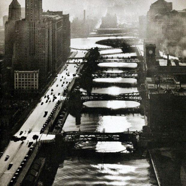 Smoggy aerial of five drawbridges