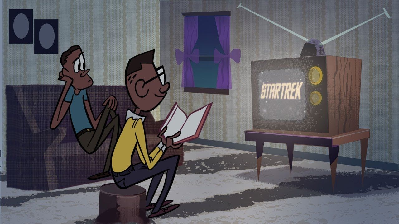 Animated depiction of Ron and his brother Carl, watching Star Trek